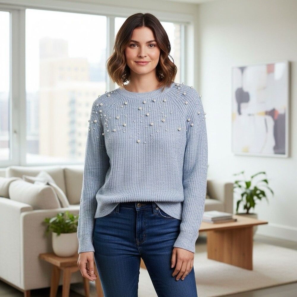 Light Blue Pearl Embellished Ribbed Knit Crewneck Pullover Sweater - size M